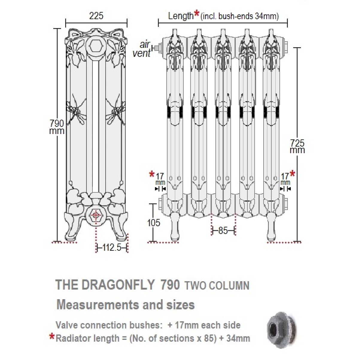 Dragonfly 790 Two-Column Cast Iron Radiator, 11 Sections, 790x 969mm