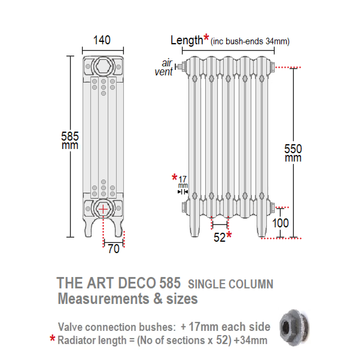 Deco 585 Single Column Cast Iron Radiator, 20 Sections, 585 x 1040mm