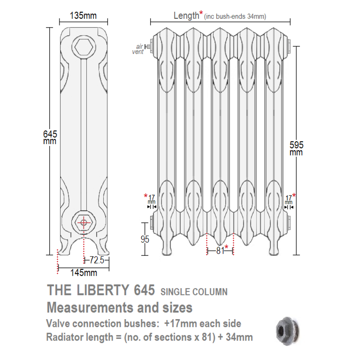 Liberty 645 14-Section Cast Iron Radiator - 645 x 1168mm