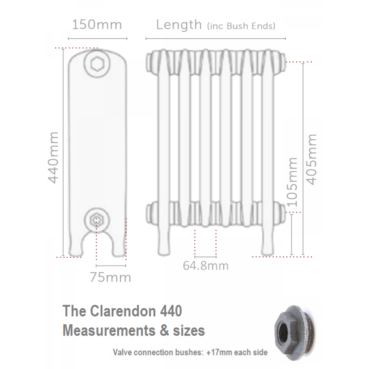 Clarendon 440 Cast Iron Radiator - 12 Sections, 440 x 812mm