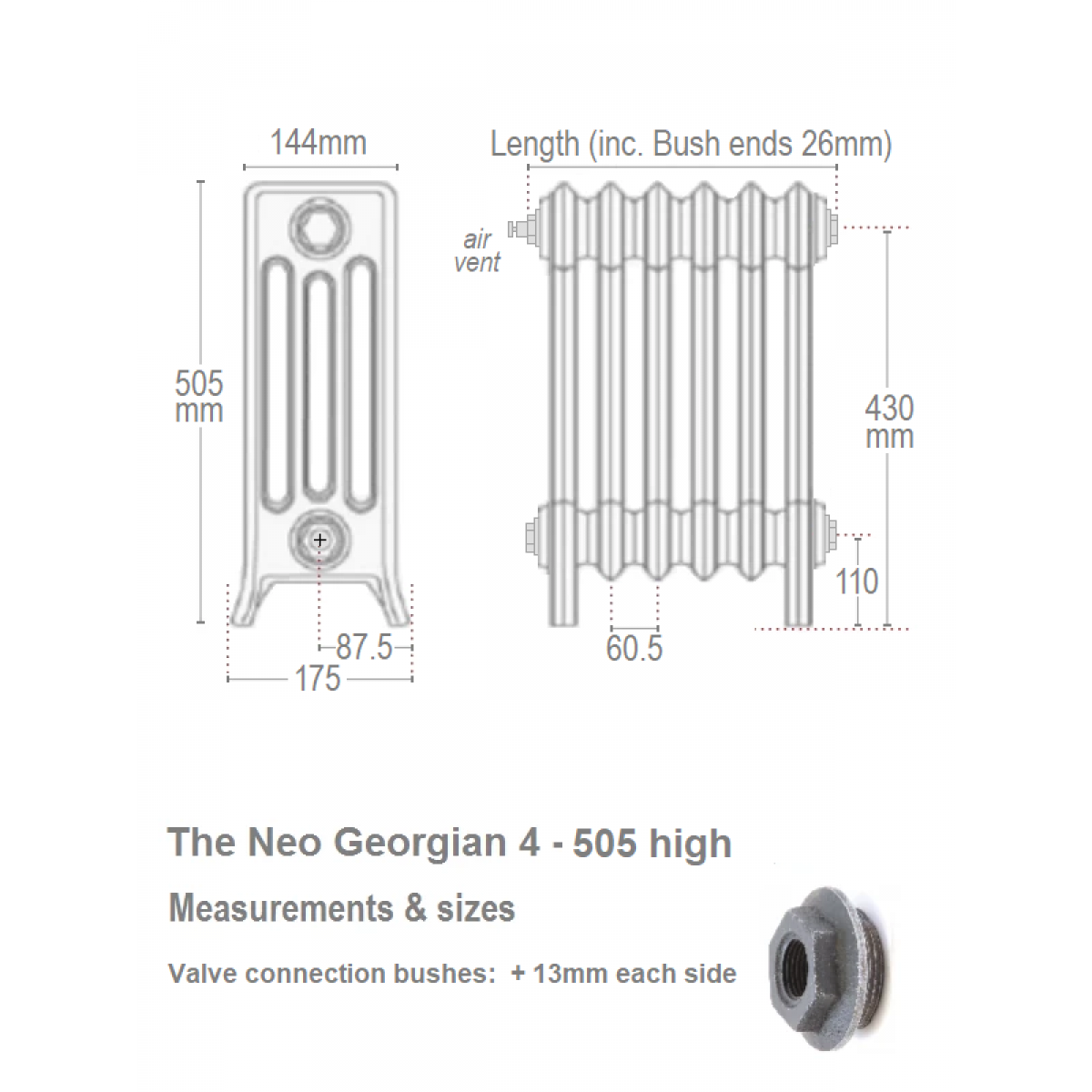 Neo Georgian 4-Column Cast Iron Radiator, 505 High, 26 Sections