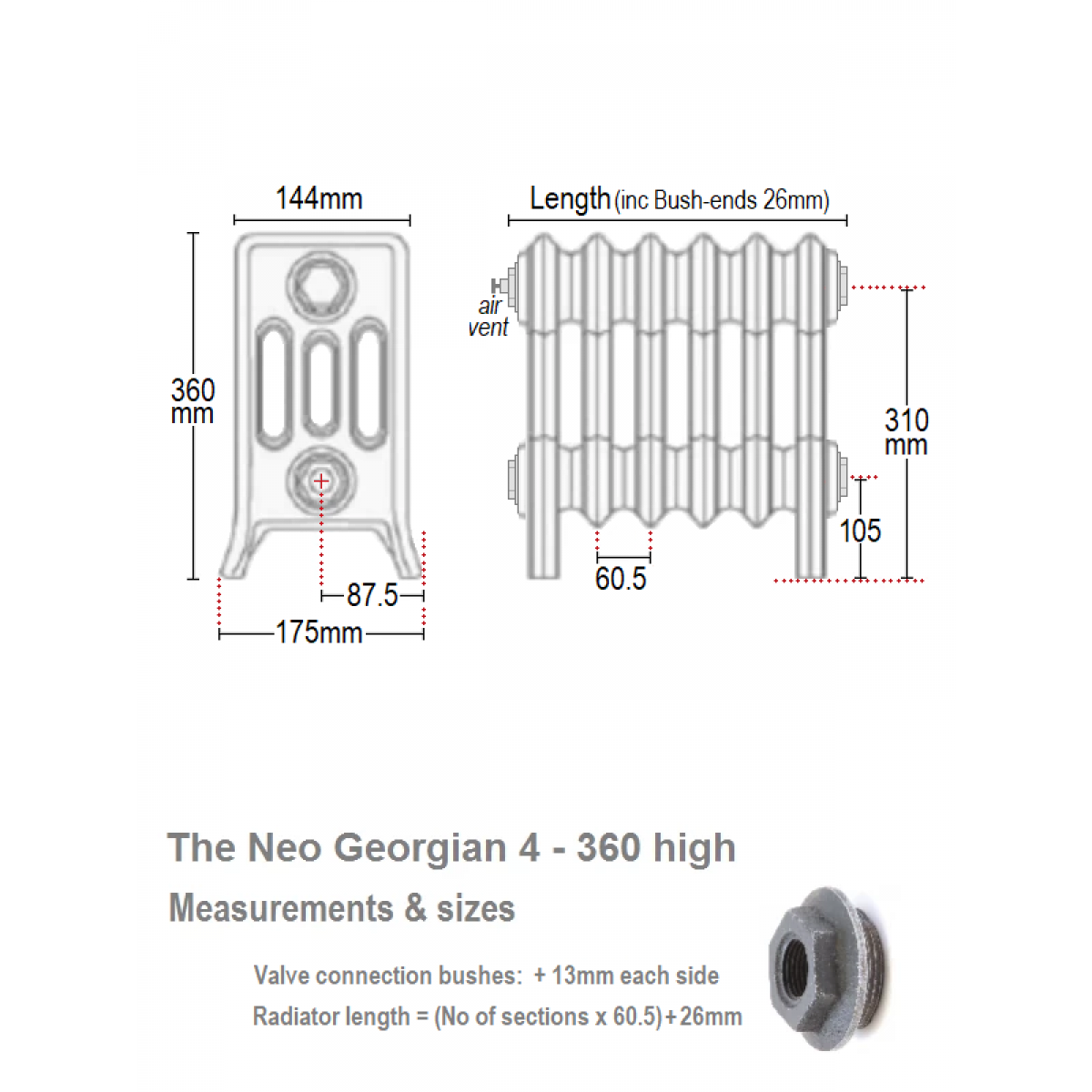 Neo Georgian 4-Column Cast Iron Radiator, 360 High, 4 Sections