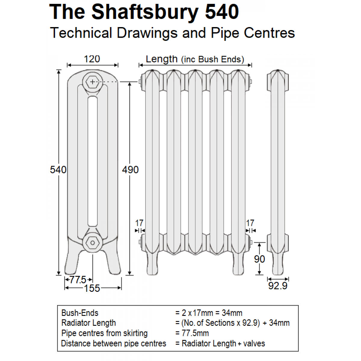 Shaftsbury Cast Iron Radiator 540mm High, 17 Sections