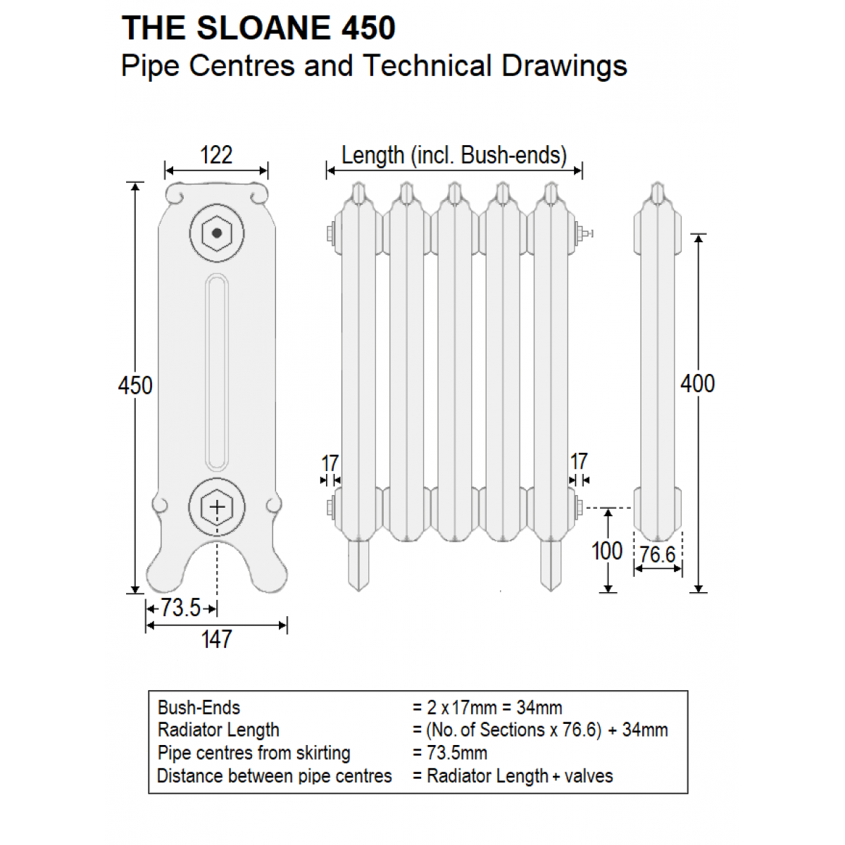 Sloane Cast Iron Radiator - 450mm High, 4 Section