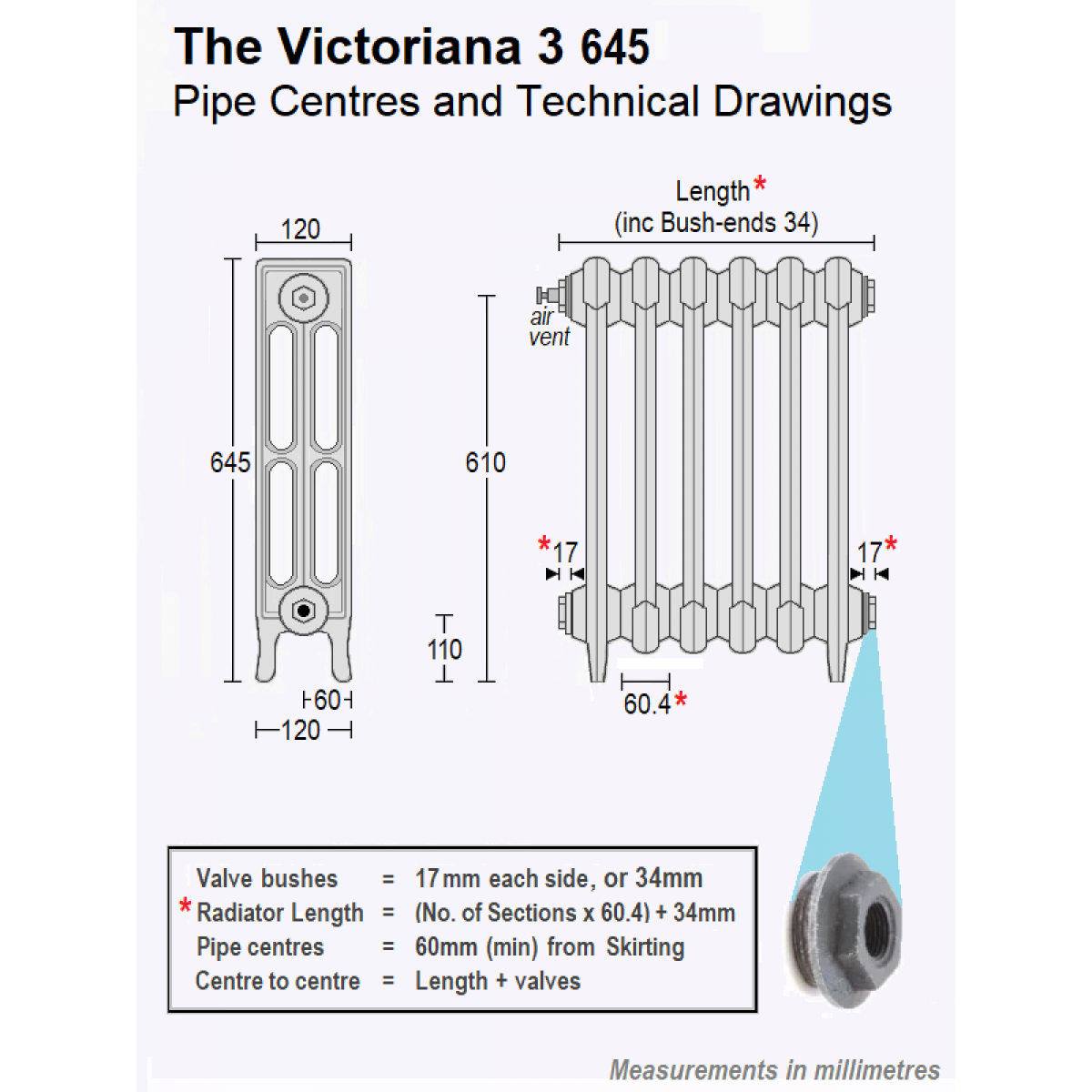 Victoriana 3 Cast Iron Radiator - 4 Section, 645H x 276mm