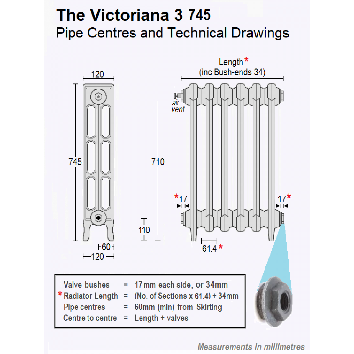 Victoriana 3 Cast Iron Radiator - 16 Section, 745H x 1016mm
