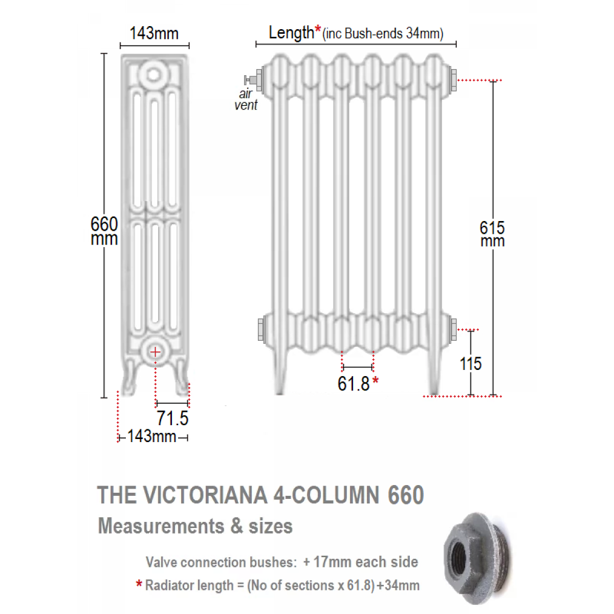 Victoriana 4 660 Cast Iron Radiator - 18 Section, 660H x1146mm