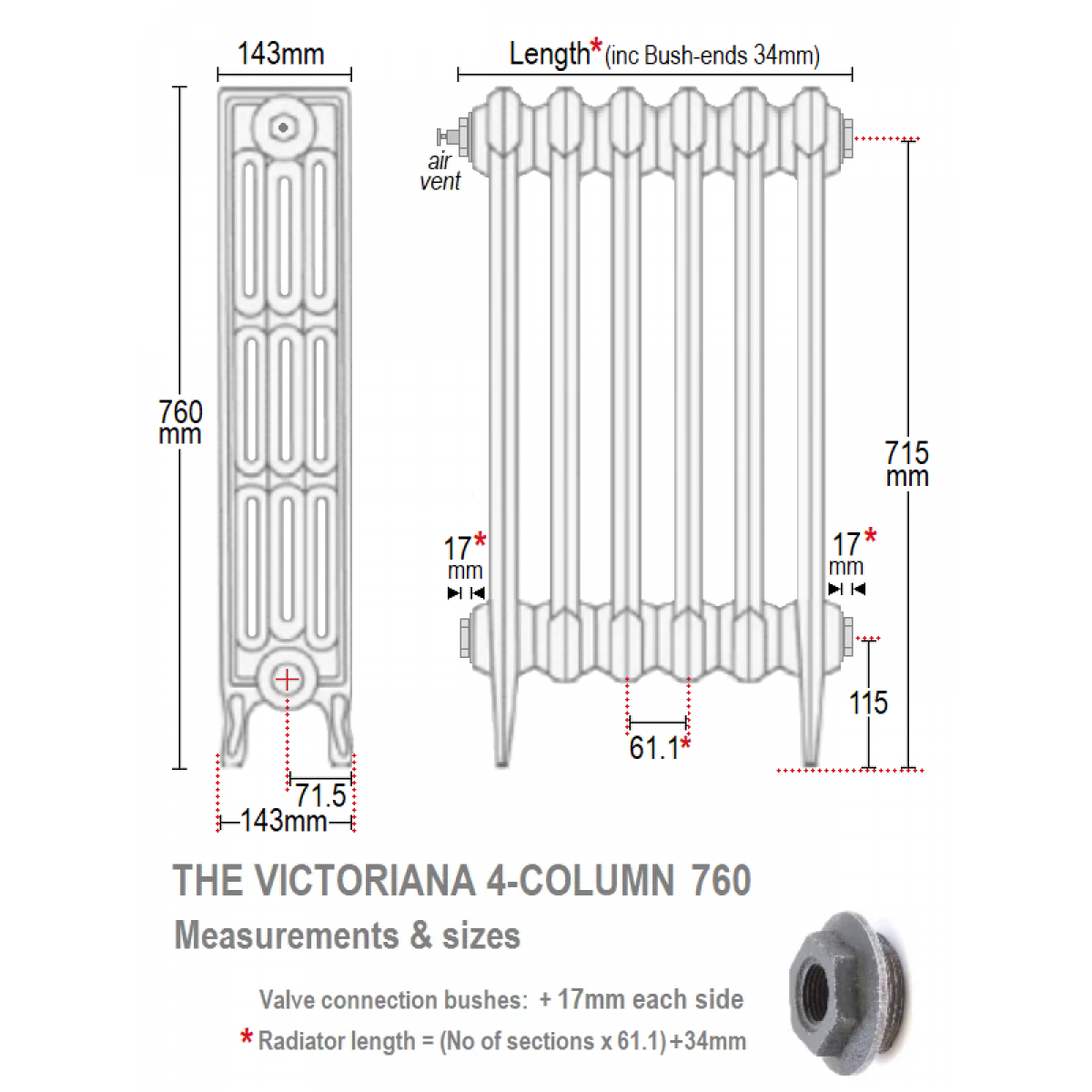 Victoriana 4 760 Cast Iron Radiator - 37 Section, 760H x 2295mm