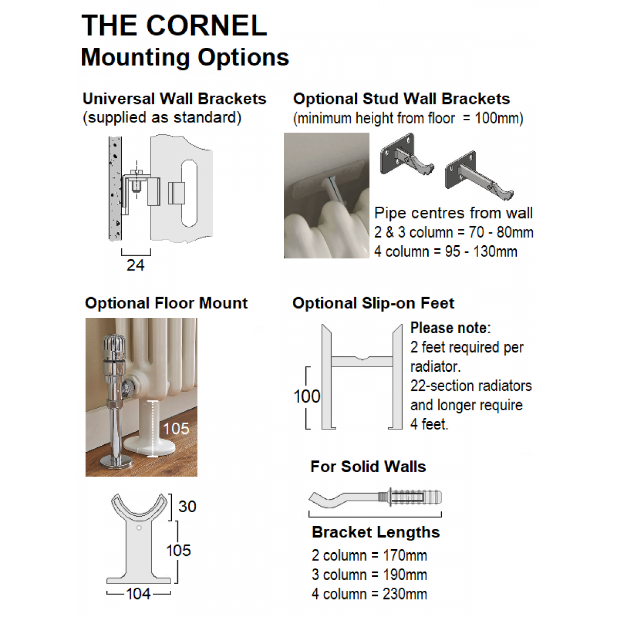 Cornel Horizontal 4-Column Radiator, 600H x 609mm