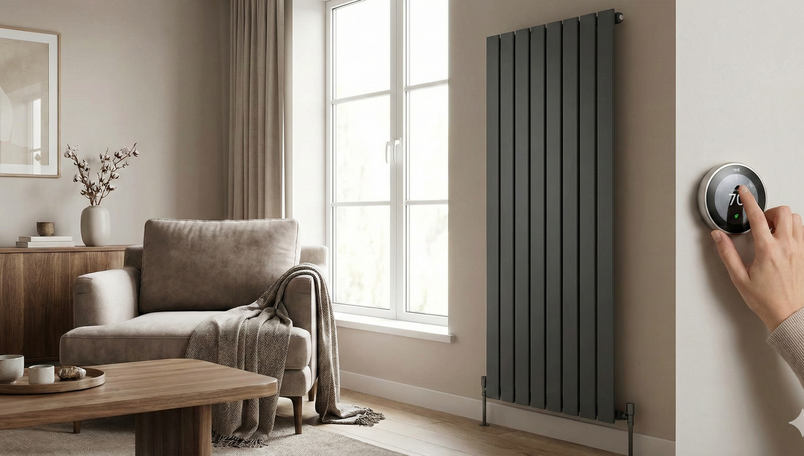 Close up detail of a white aluminium radiator showing the smooth finish and efficient fin design