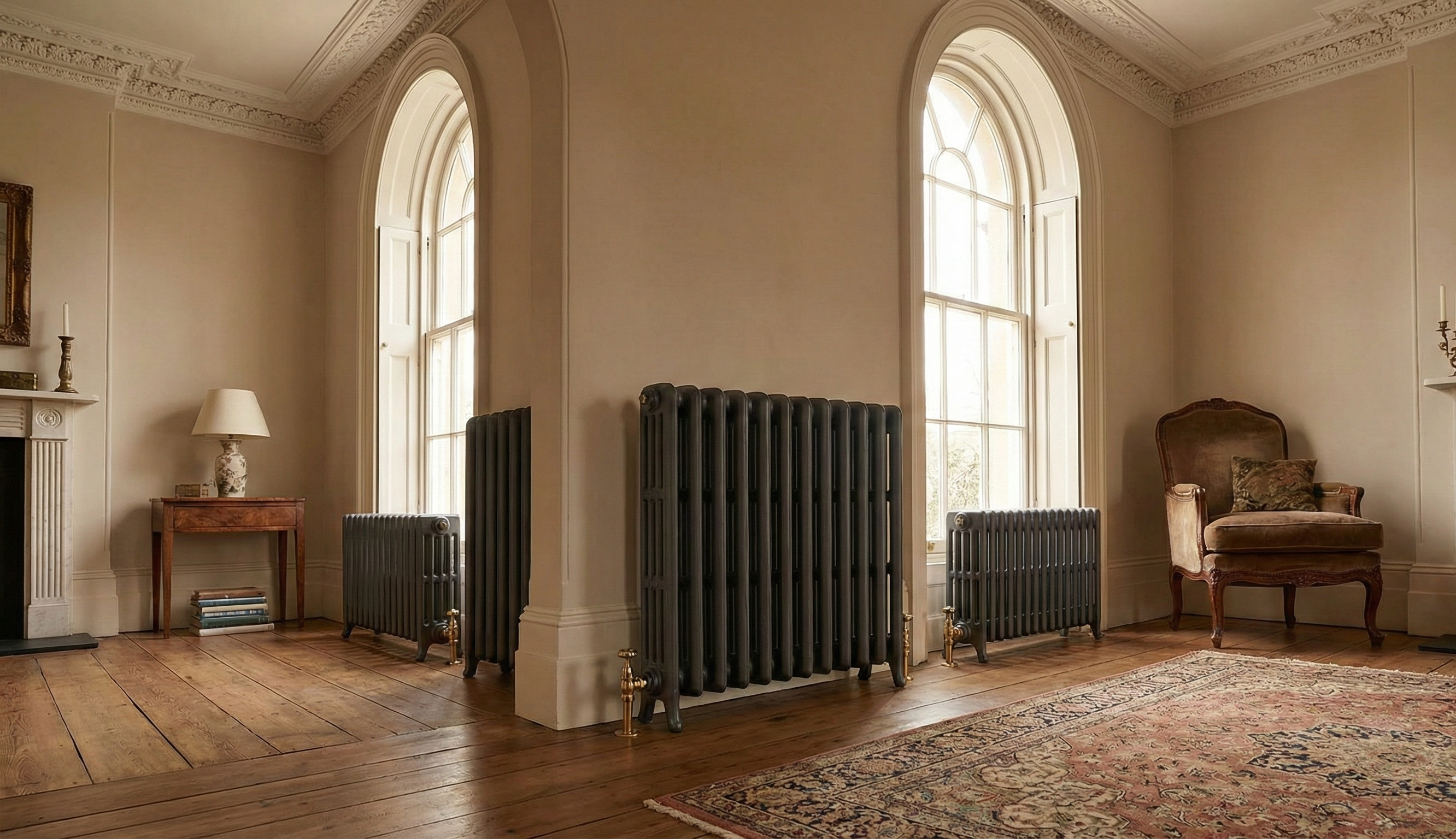 Luxury gold heated towel rail in a marble bathroom setting