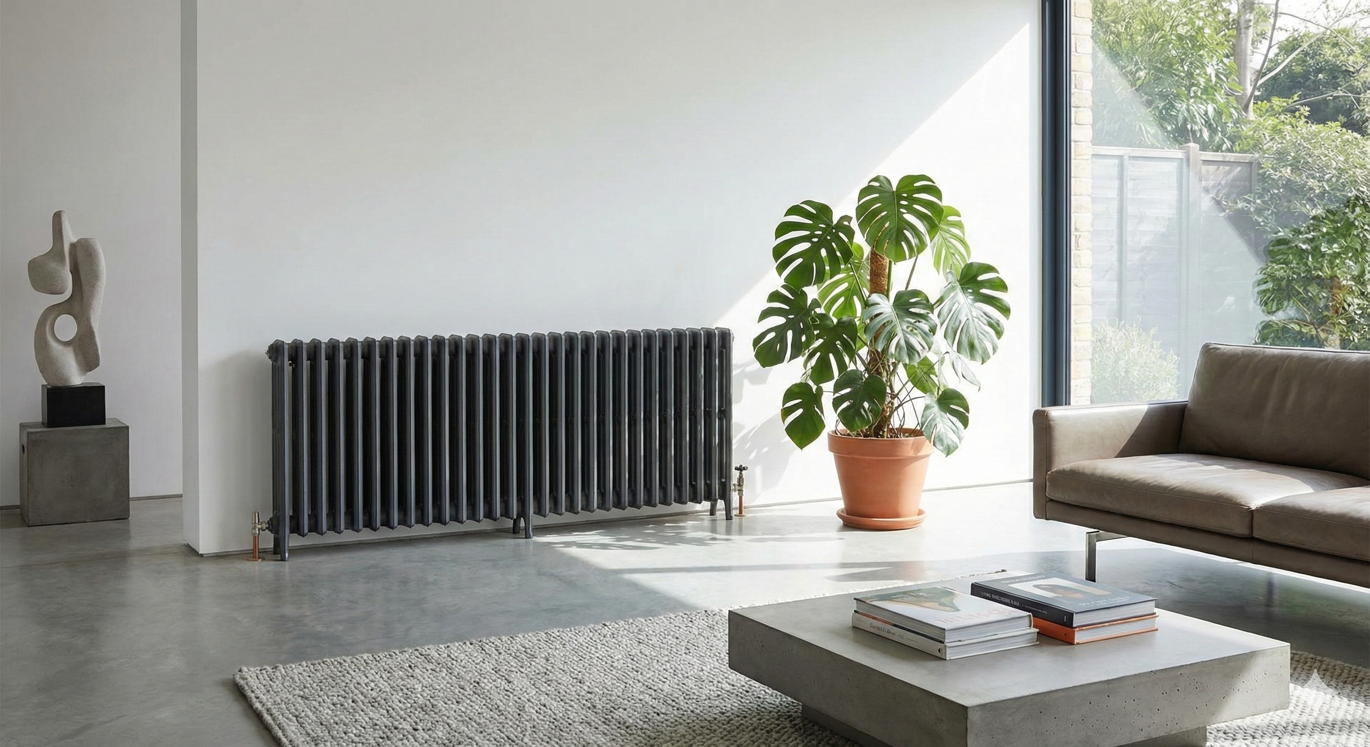 A sleek modern living room featuring a dark grey cast iron radiator contrasting against a white minimalist wall, styled with a monstera plant.