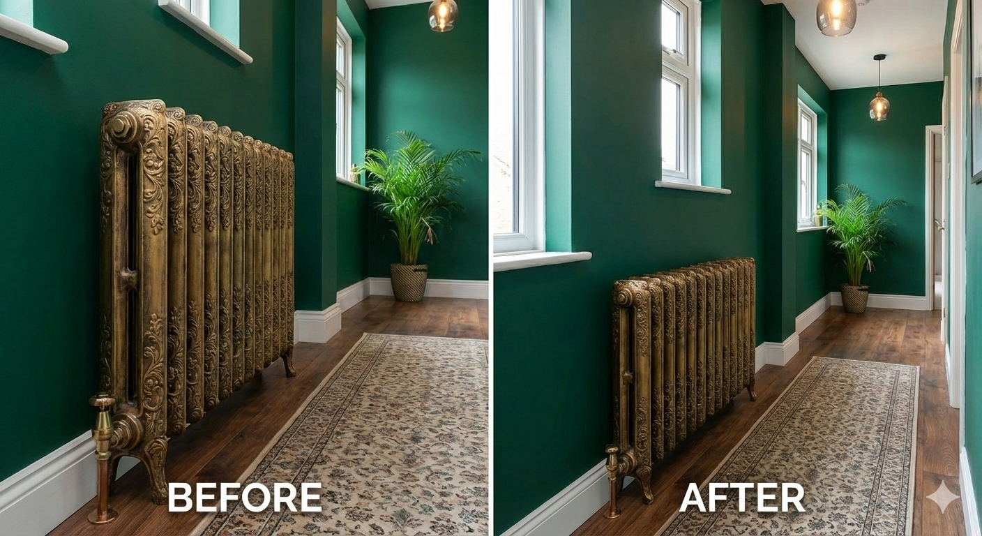 After photo of the hallway featuring a Paladin Elizabethan cast iron radiator in antiqued gold finish, set against deep green walls.
