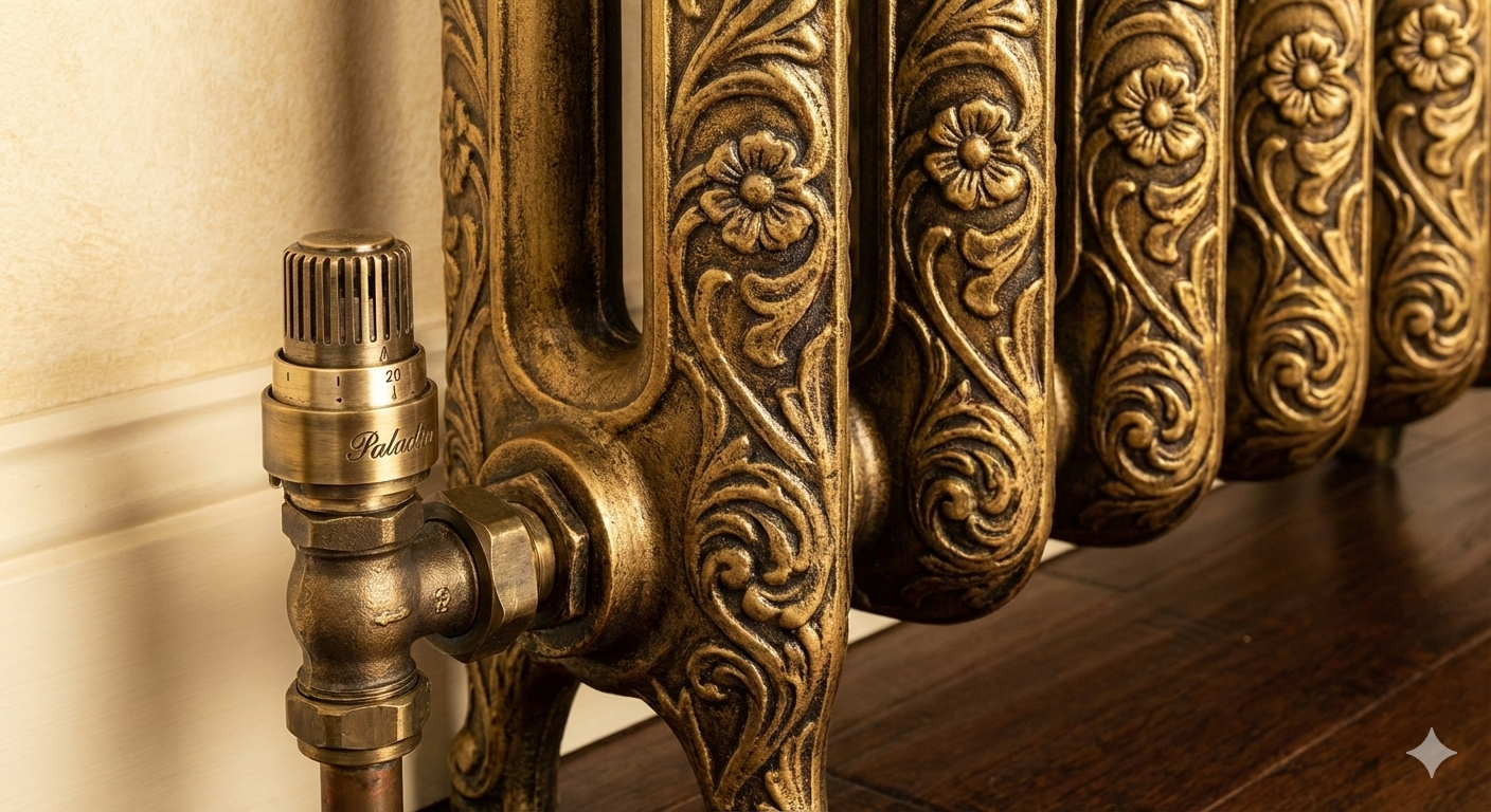 Close-up detail of the Paladin Elizabethan cast iron radiator with an antiqued gold finish and a matching brass thermostatic valve.
