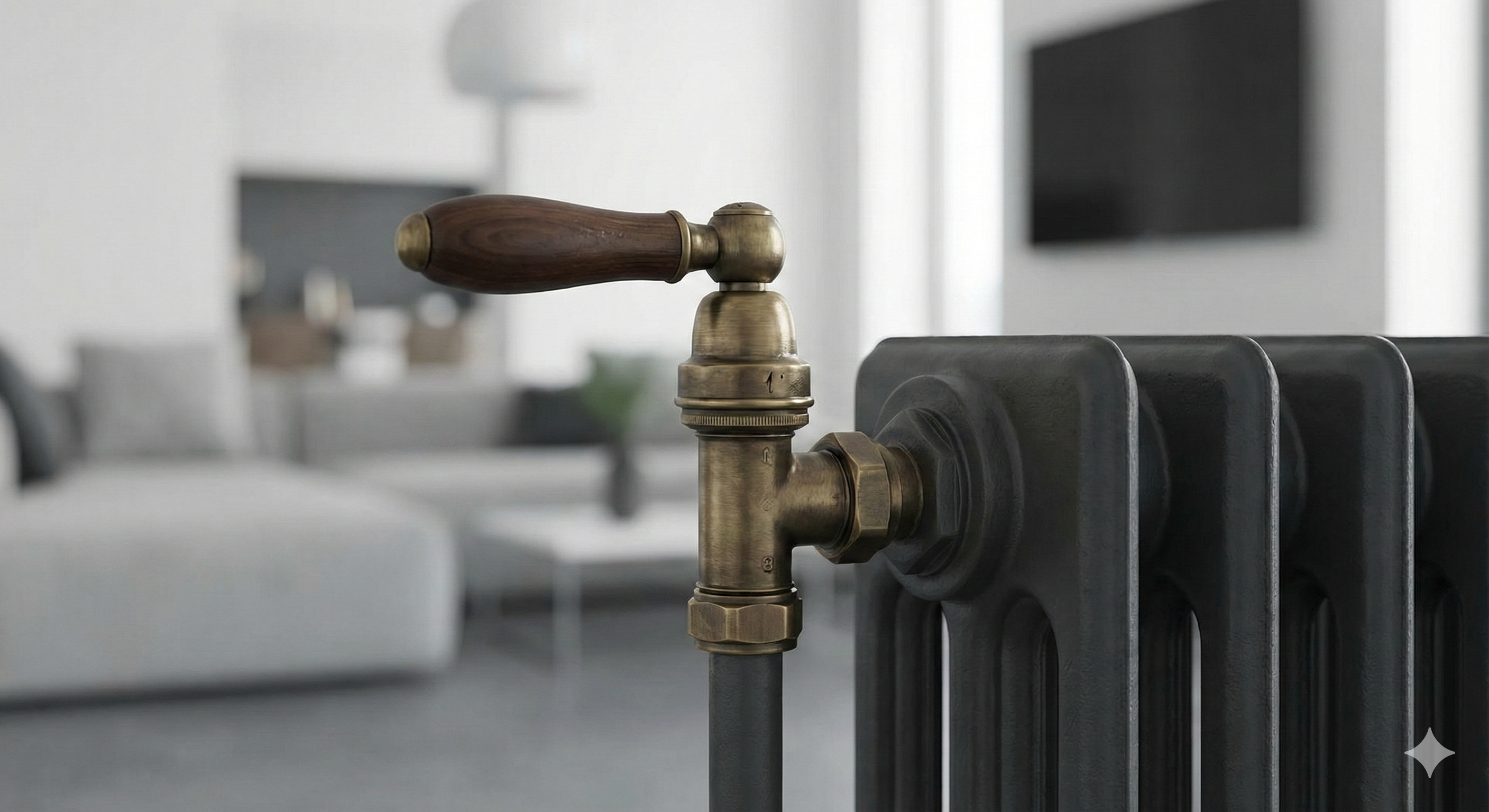 Detail shot of an antique brass thermostatic radiator valve (TRV) with a wooden handle attached to a cast iron radiator.