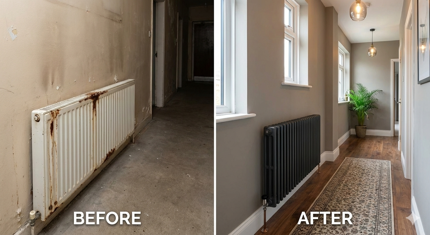 Before photo of a cold, narrow hallway with beige walls and a standard rusting white steel panel radiator.